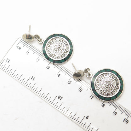 925 Sterling Silver Vintage Mexico Malachite Gem Inlay Aztec Calendar Earrings