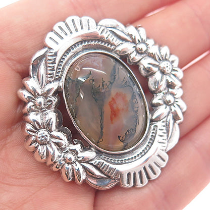 925 Sterling Silver Vintage Real Moss Agate Flower Oxidized Slide Pendant