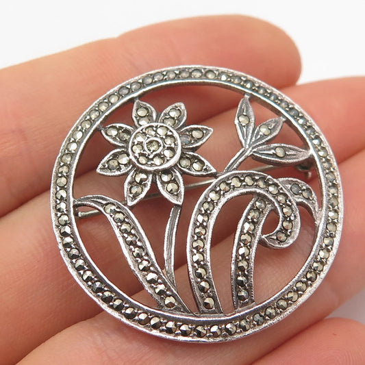925 Sterling Silver Vintage Real Marcasite Gemstone Floral Leaf Pin Brooch