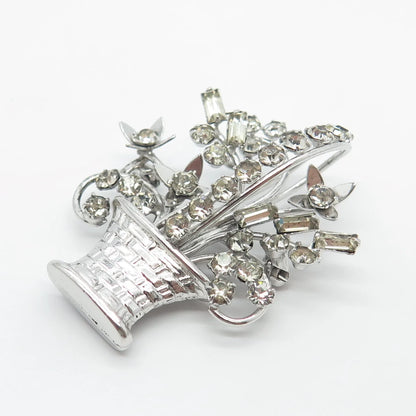 925 Sterling Silver Vintage Carl Art Rhinestone Floral Basket Pin Brooch