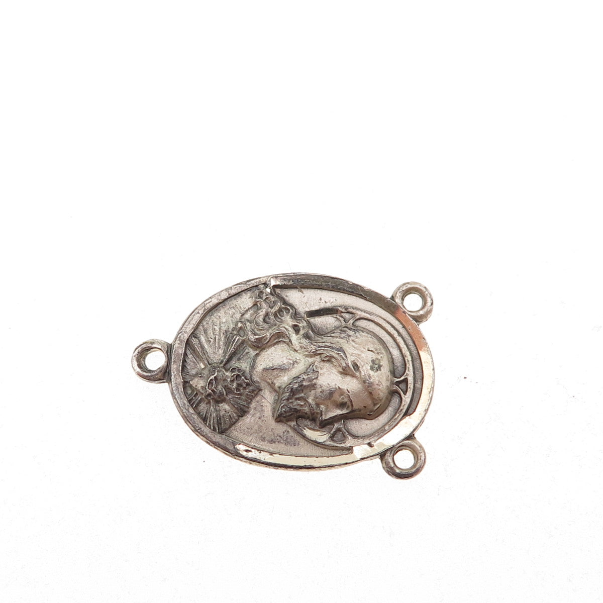 925 Sterling Silver Antique Art Deco Jesus & St. Mary Rosary Chain Charm Pendant
