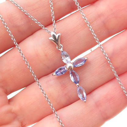 Chuck Clemency 925 Sterling Silver Real Tanzanite Cross Cable Chain Necklace 18"