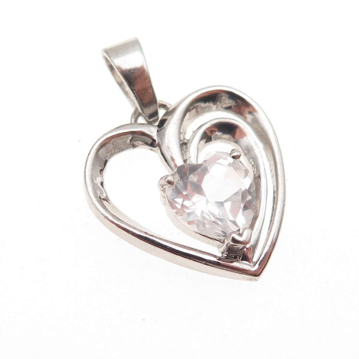 925 Sterling Silver Vintage Real White Topaz Heart Mini Charm Pendant