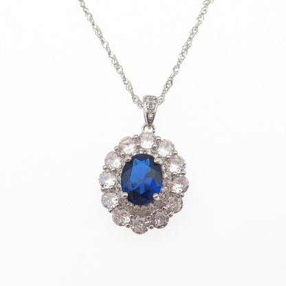 925 Sterling Silver Blue & White C Z Singapore Chain Necklace 18-20"