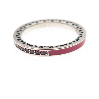 Pandora 925 Sterling Silver Enamel & Pink C Z Radiant Hearts Band Ring Size 6.25