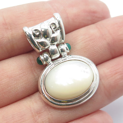 925 Sterling Silver Vintage Real Mother-of-Pearl & Chalcedony Gemstone Pendant