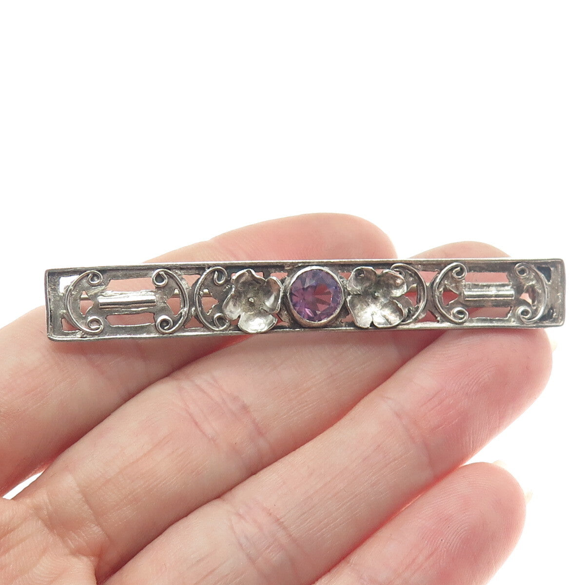 800 Silver Antique Victorian Real Amethyst Flower Bar Pin Brooch