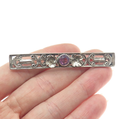 800 Silver Antique Victorian Real Amethyst Flower Bar Pin Brooch