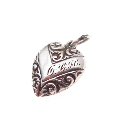 925 Sterling Silver Antique Art Deco Engraved Chatelaine Heart Charm Pendant
