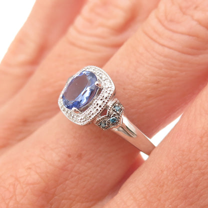 925 Sterling Silver Real Diamond & Tanzanite Ring Size 8