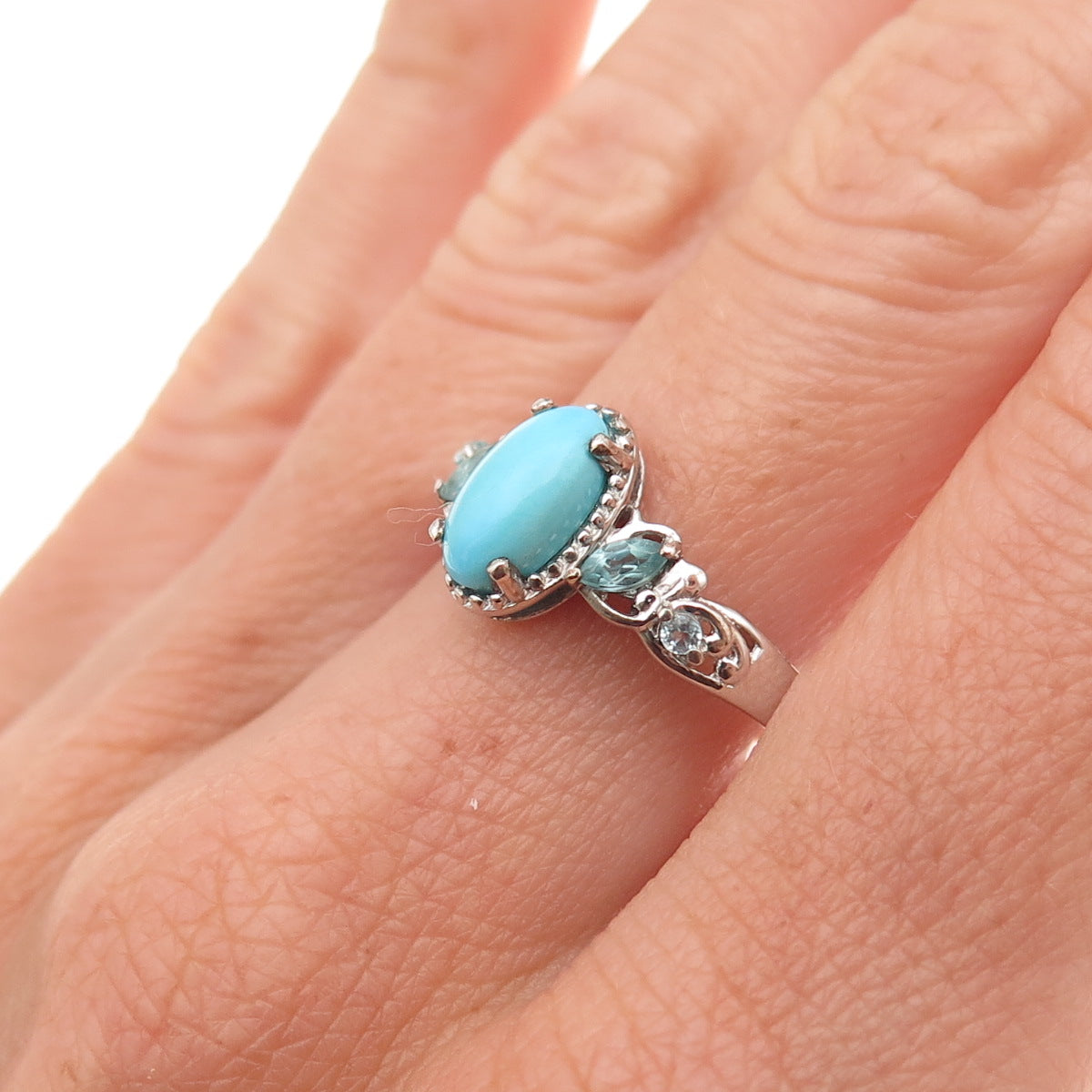 Chuck Clemency 925 Sterling Silver Real Turquoise & Blue Topaz Ring Size 8.25