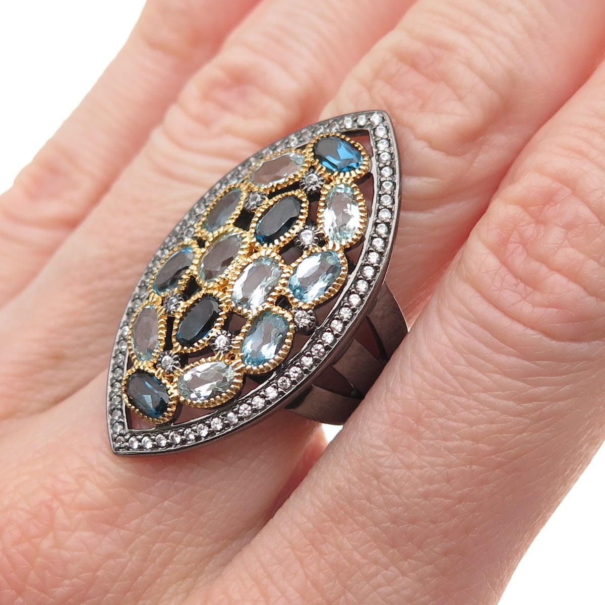 925 Sterling 2-Tone Black Rhodium Real London Blue & White Topaz Ring Size 6.25