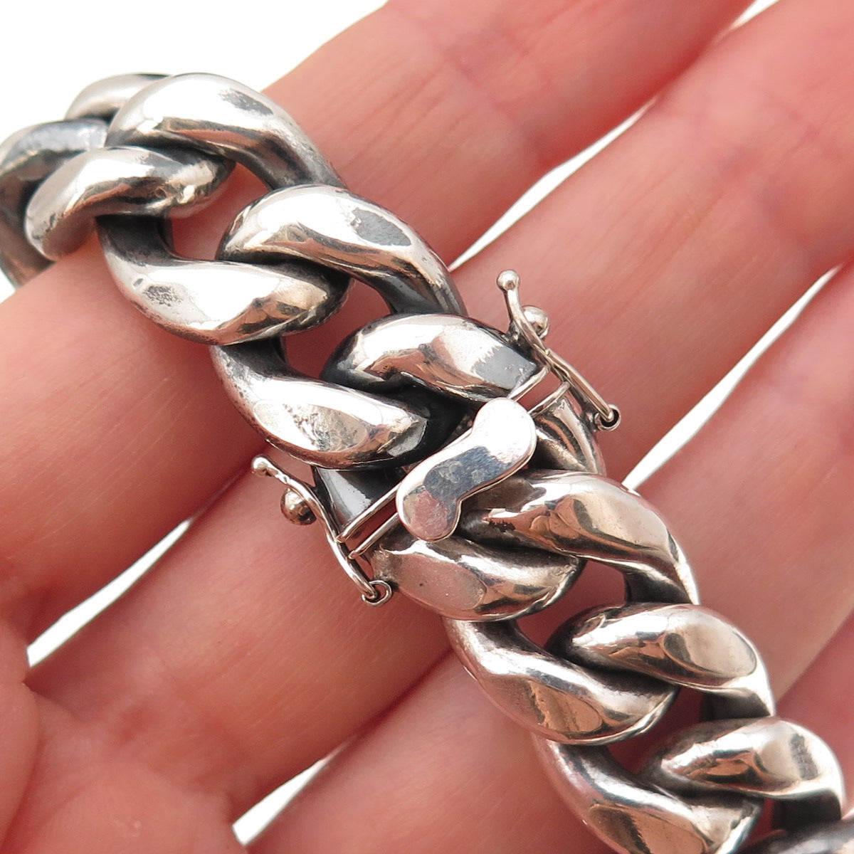 925 Sterling Silver Vintage Heavy 60.9g Cuban Link Hollow Oxidized Bracelet 8.5"
