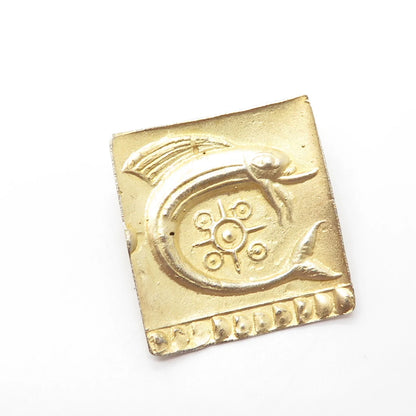 925 Sterling Silver Gold Plated Vintage Fish Symbol Square Pin Brooch