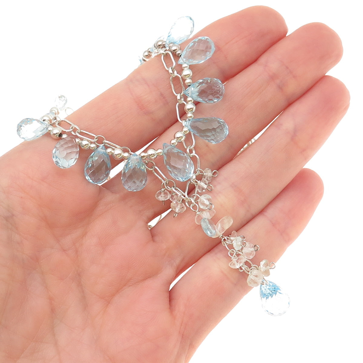 925 Sterling Vintage Real Blue Topaz & Clear Quartz Double Chain Necklace 20"