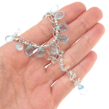 925 Sterling Vintage Real Blue Topaz & Clear Quartz Double Chain Necklace 20"