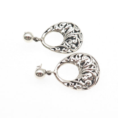 925 Sterling Silver Vintage Floral Crescent Teardrop Dangle Earrings