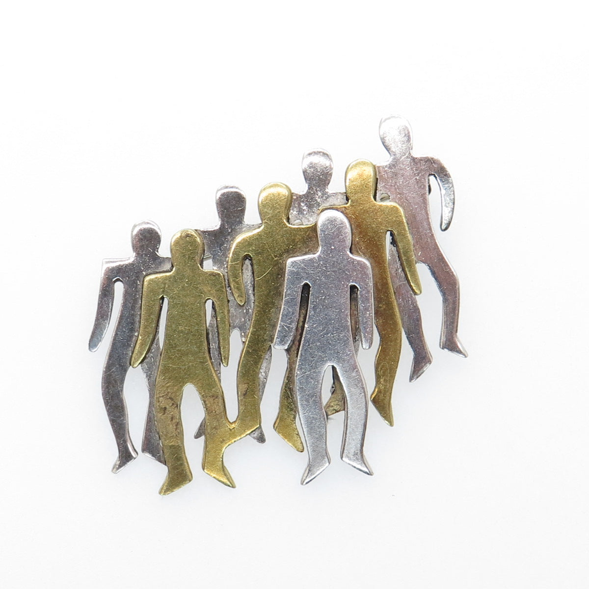 925 Sterling Silver 2-Tone Vintage Mexico Modernist Crowed Of Men Pin Brooch