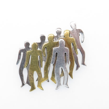 925 Sterling Silver 2-Tone Vintage Mexico Modernist Crowed Of Men Pin Brooch