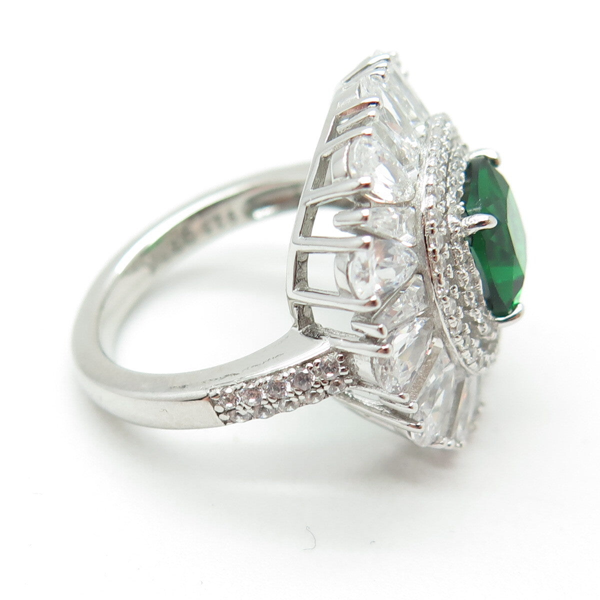 DSMK 925 Sterling Silver Cushion-Cut Nano Emerald & C Z Ring Size 7.25
