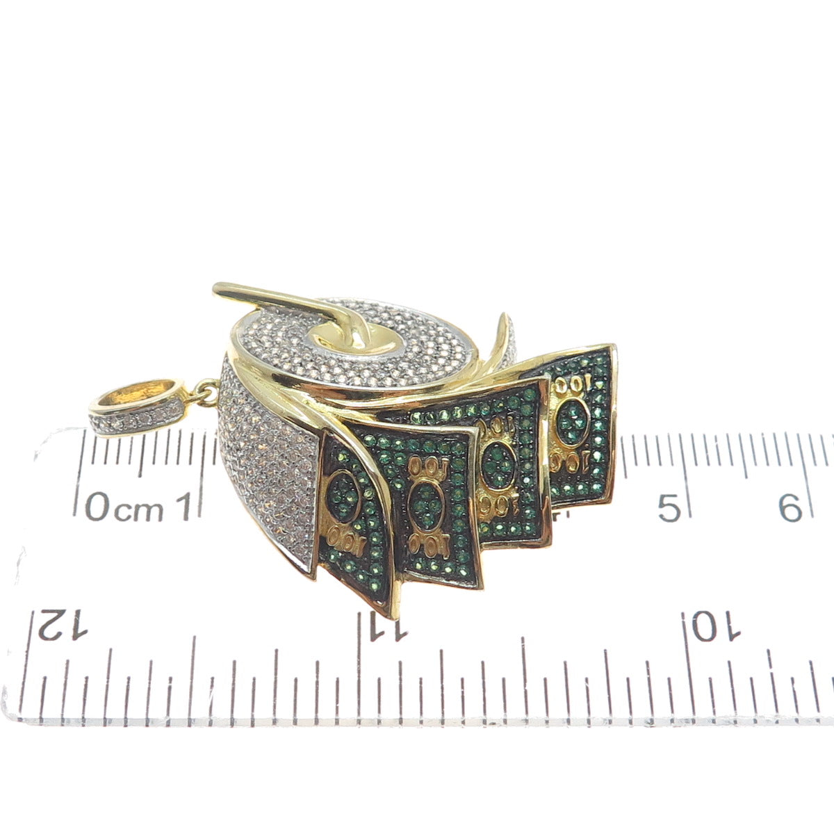 925 Sterling Silver Gold Plated White & Green C Z Roll of Money Pendant