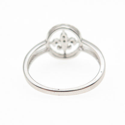 925 Sterling Silver Real Round-Cut Diamond Fleur de Lis Ring Size 7