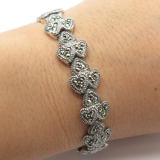 925 Sterling Silver Vintage Real Marcasite Gem Triple Heart Link Bracelet 6.5"
