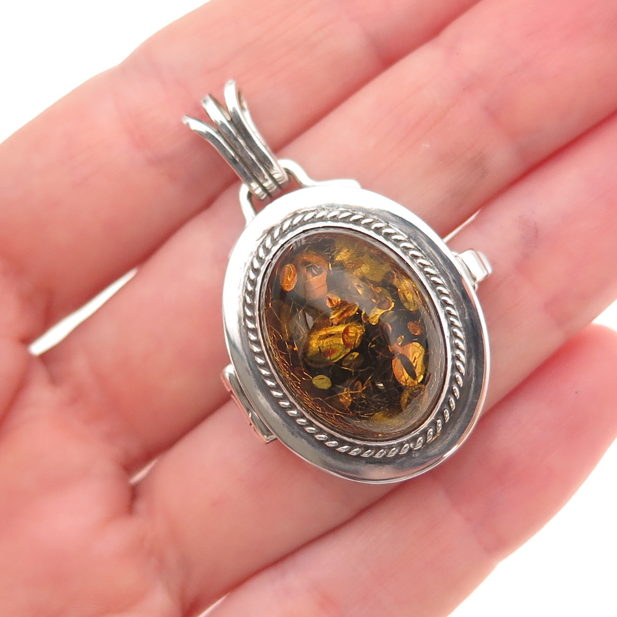 925 Sterling Silver Vintage Real Amber Oxidized Locket Pendant