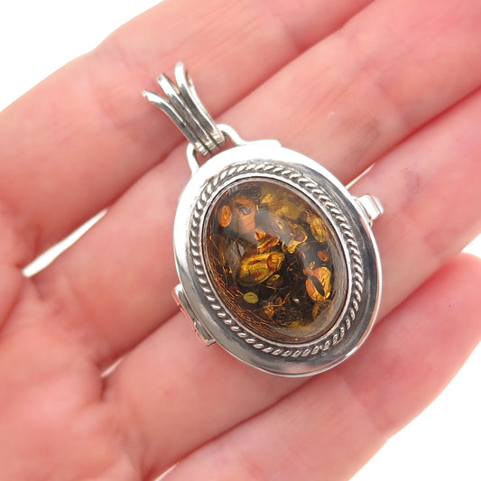 925 Sterling Silver Vintage Real Amber Oxidized Locket Pendant