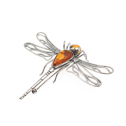 925 Sterling Silver Vintage Real Amber Dragonfly Oxidized Pin Brooch