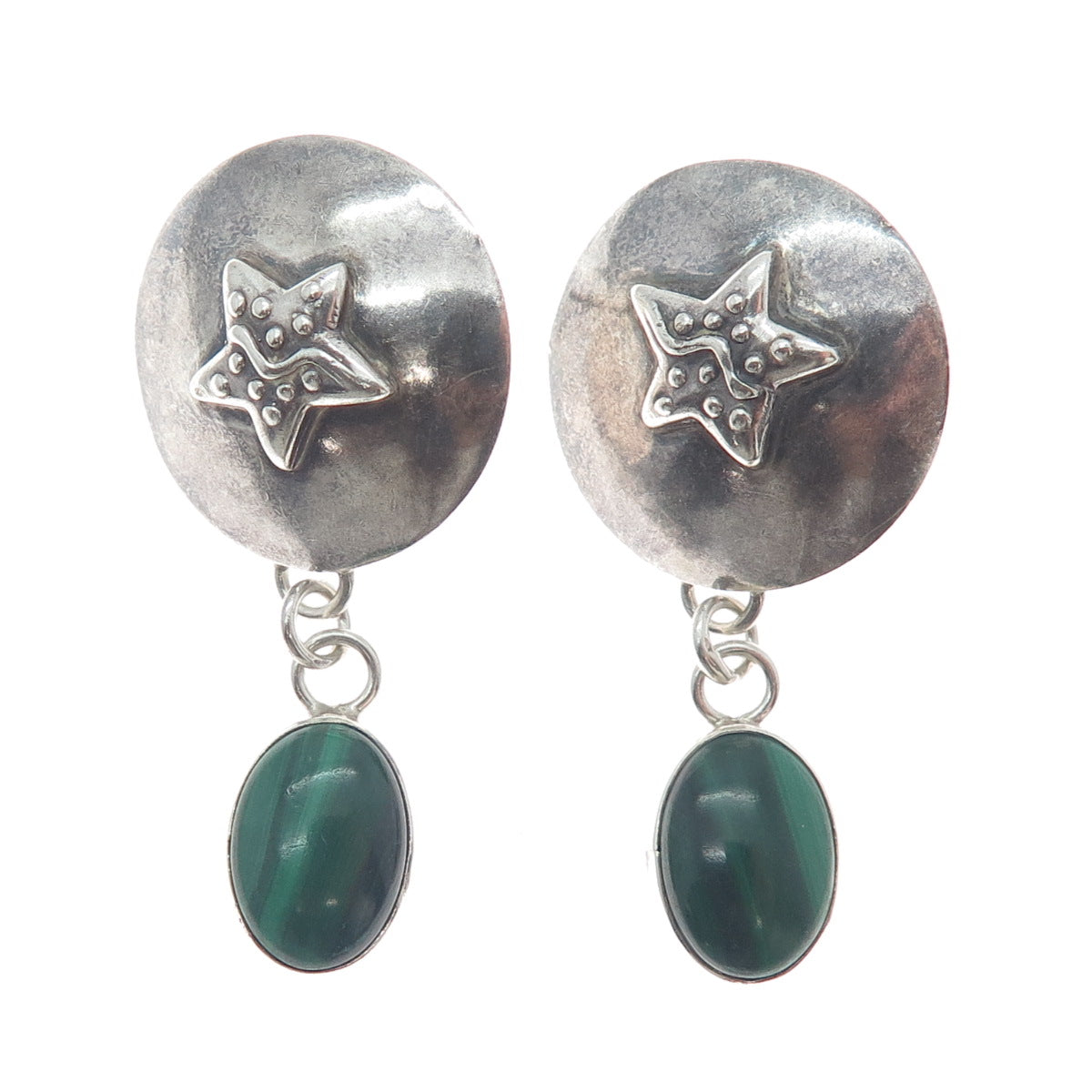 CAROL FELLEY Sterling Silver Vintage 1991 Real Malachite Star Dangle Earrings