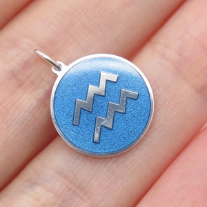 925 Sterling Silver Blue Enamel Aquarius Zodiac Sign Minimalist Charm Pendant