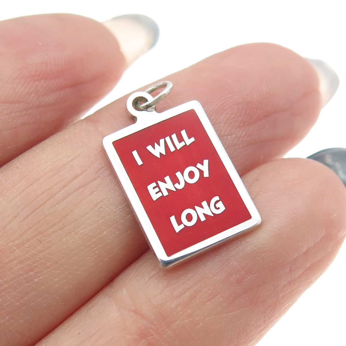 925 Sterling Silver Red Enamel "I Will Enjoy Long" Minimalist Charm Pendant