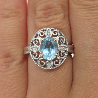 14K Yellow Gold & Sterling Silver Real Diamond & Blue Topaz Floral Ring Size 6