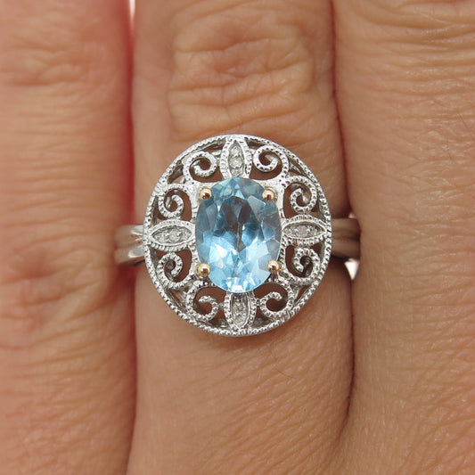 14K Yellow Gold & Sterling Silver Real Diamond & Blue Topaz Floral Ring Size 6