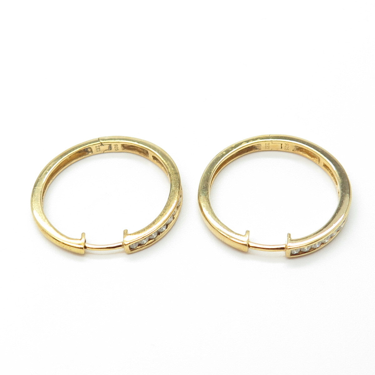 ZEI 925 Sterling Silver Gold Plated Real Round-Cut White Diamond Hoop Earrings