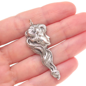925 Sterling Silver Vintage Lady Repousse Oxidized Charm Pendant