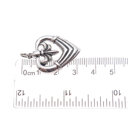 925 Sterling Silver Vintage Fleur de Lis Heart Oxidized Charm Pendant