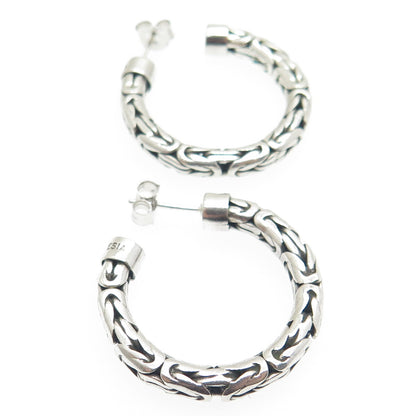 BA SUARTI 925 Sterling Silver Vintage Byzantine Link Oxidized Hoop Earrings