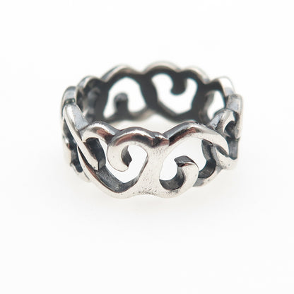 925 Sterling Silver Vintage Heart Link Oxidized All Around Band Ring Size 6.25