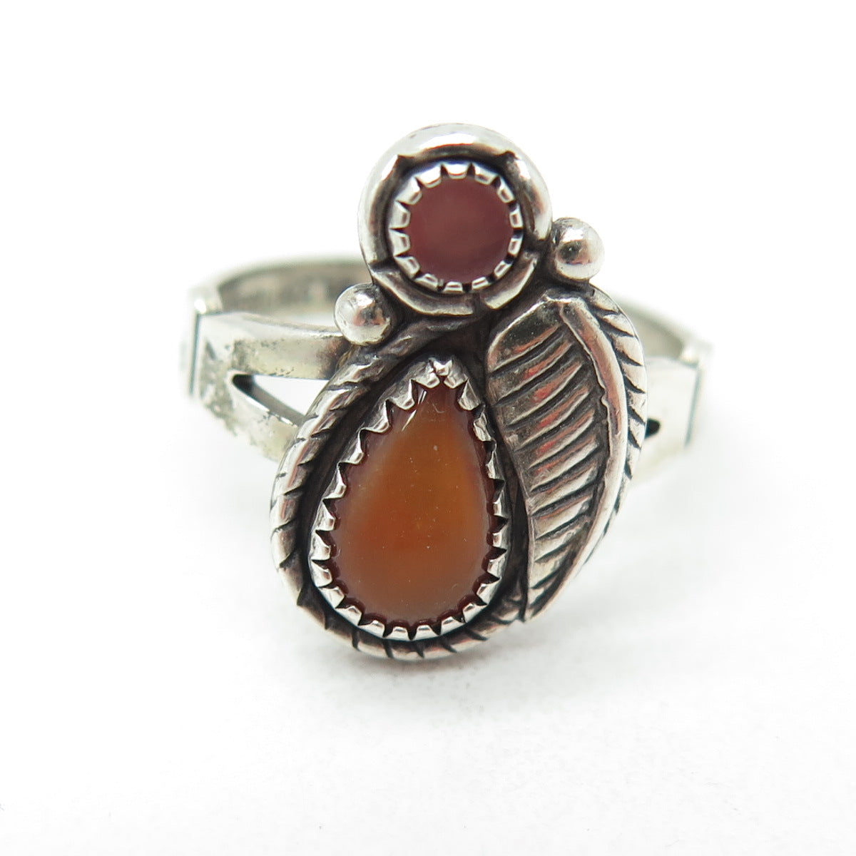 WHEELER MFG CO Old Pawn Sterling Silver Vintage Amber & MOP Feather Ring Size 6