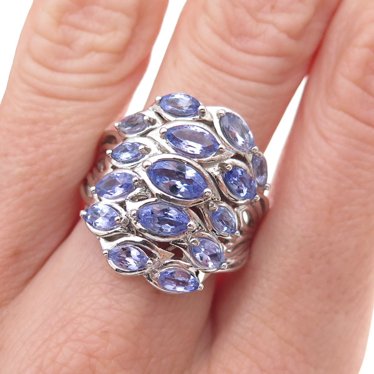 925 Sterling Silver Real Marquise-Cut Tanzanite Cluster Ring Size 8.25