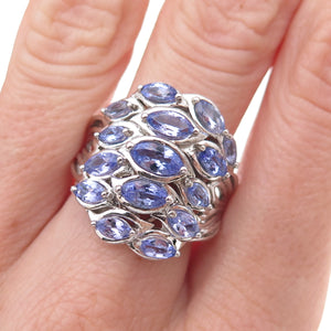 925 Sterling Silver Real Marquise-Cut Tanzanite Cluster Ring Size 8.25