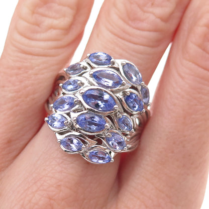 925 Sterling Silver Real Marquise-Cut Tanzanite Cluster Ring Size 8.25