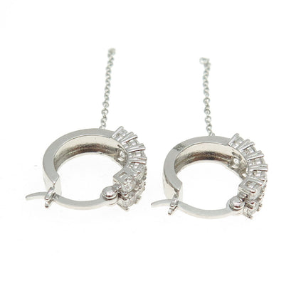 925 Sterling Silver C Z Hinged Hoop w/ Chain Earrings