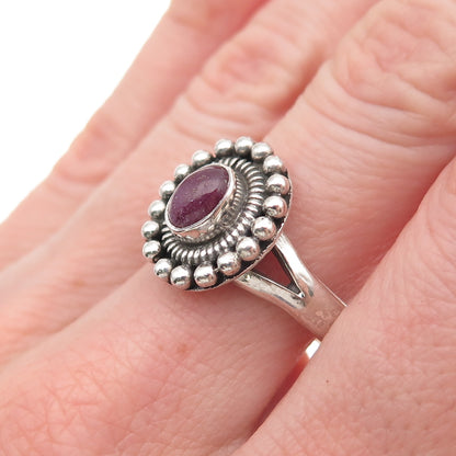 925 Sterling Silver Vintage Real Ruby Beaded Oxidized Ring Size 7.75