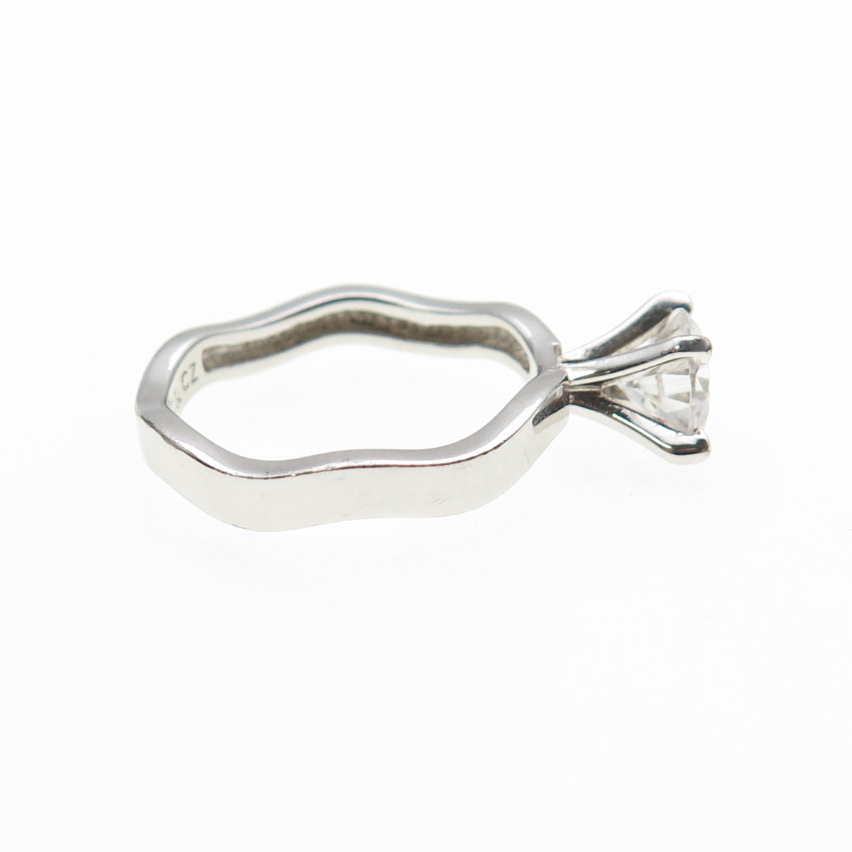 925 Sterling Silver Round-Cut C Z Engagement Wavy Ring Size 7