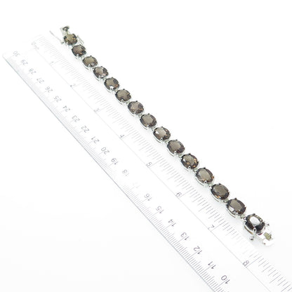 HAN 925 Sterling Silver Real Oval-Cut Smoky Quartz Tennis Link Bracelet 7"