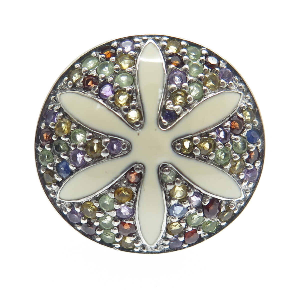 925 Sterling Silver Enamel Real Multi-Color Sapphire Flower Ring Size 7.25