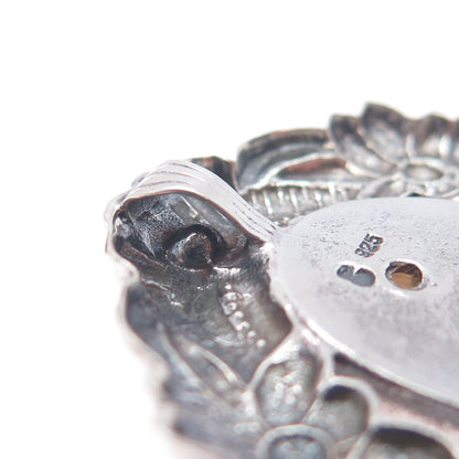 925 Sterling Silver Vintage Real Moss Agate Flower Oxidized Slide Pendant